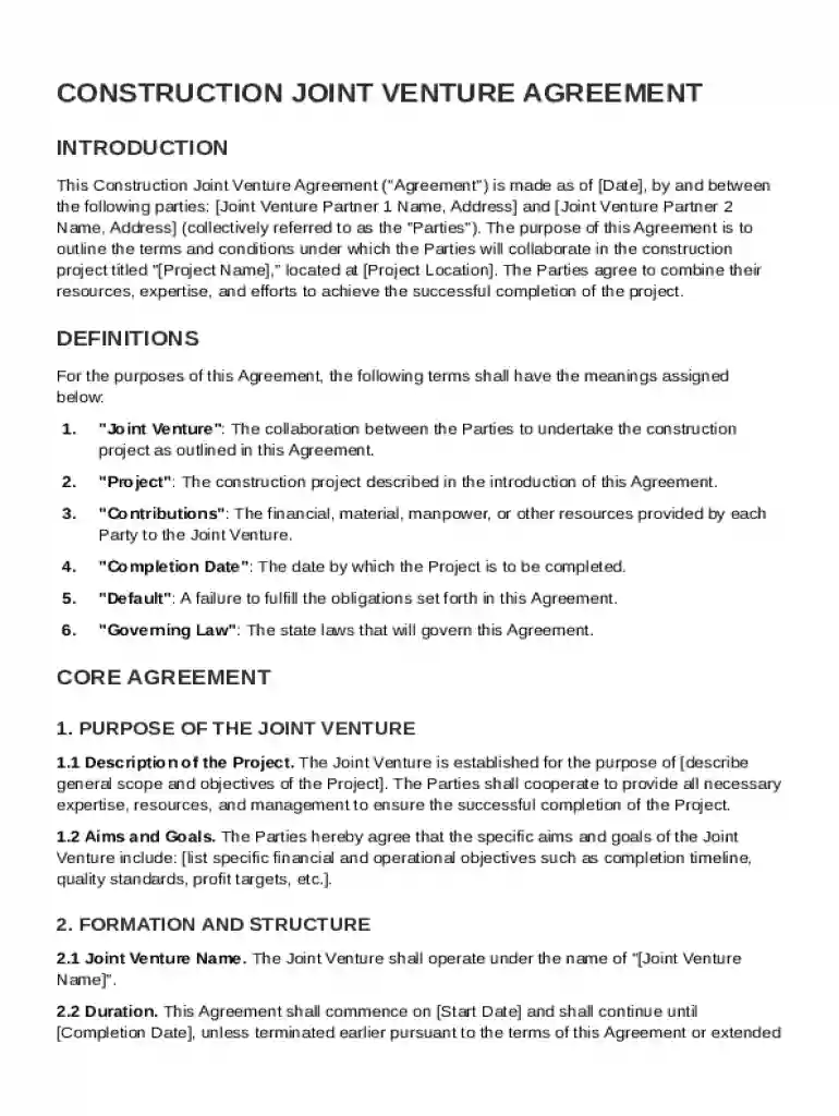 Construction Joint Venture Agreement Template Preview on Page 1