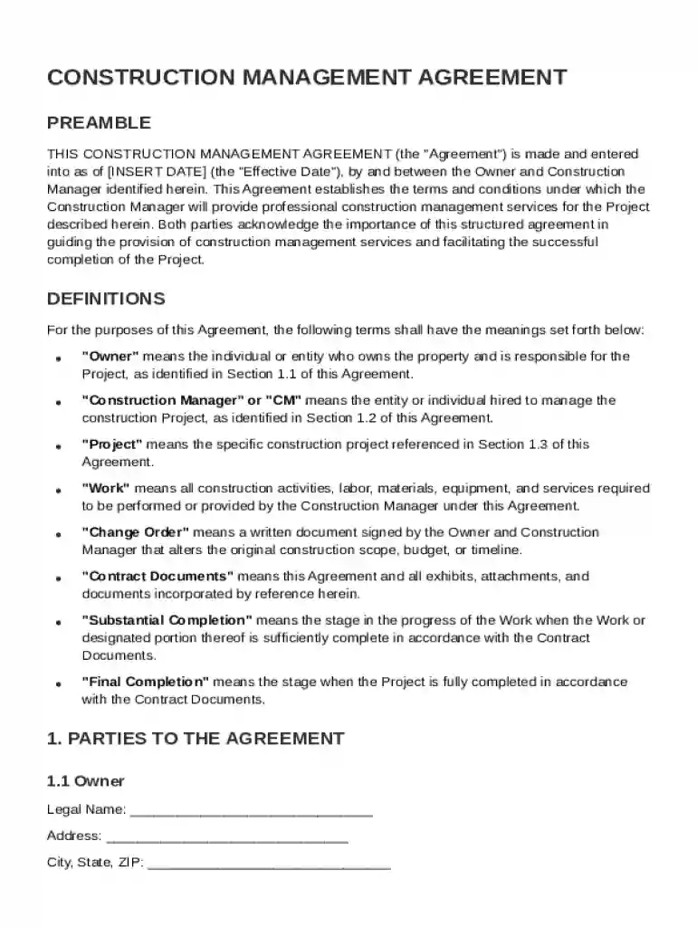 Construction Management Agreement Template Preview on Page 1