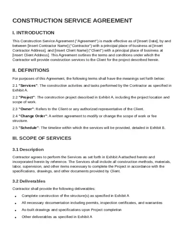 Construction Service Agreement Template Preview on Page 1