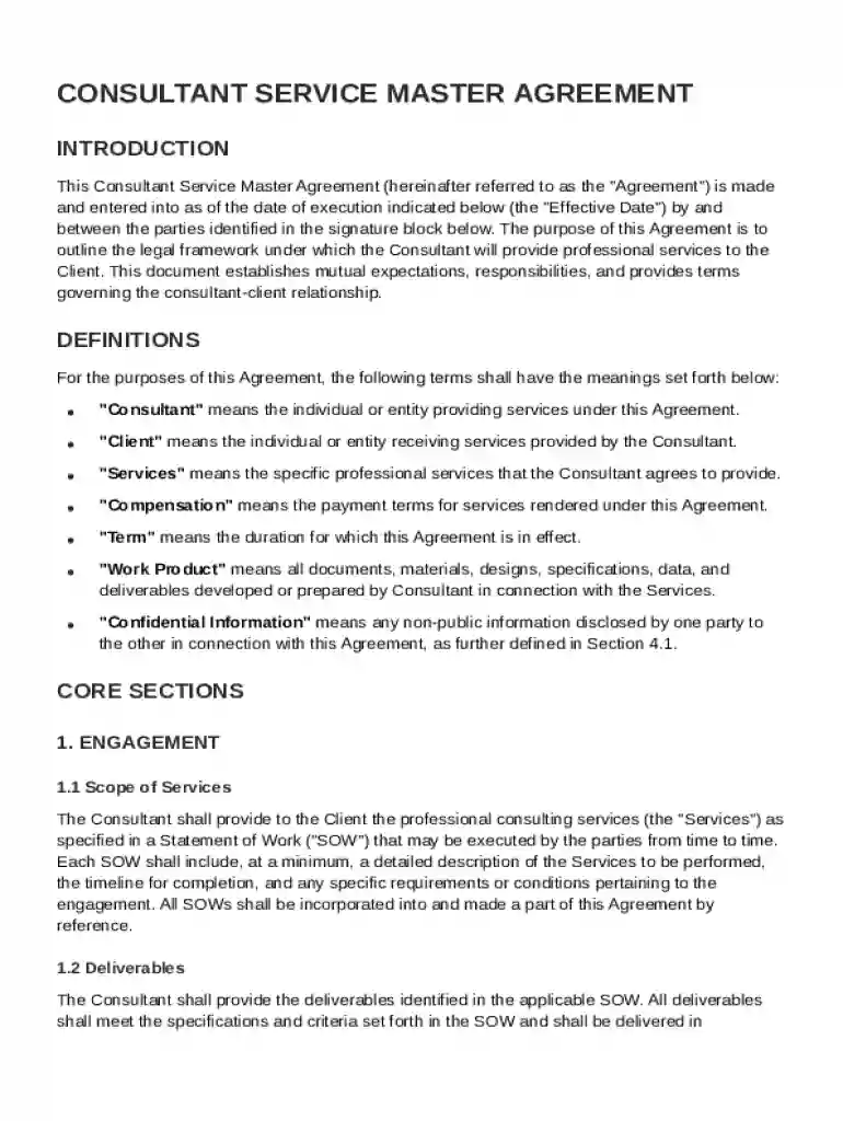 Consultant Service Master Agreement Template Preview on Page 1