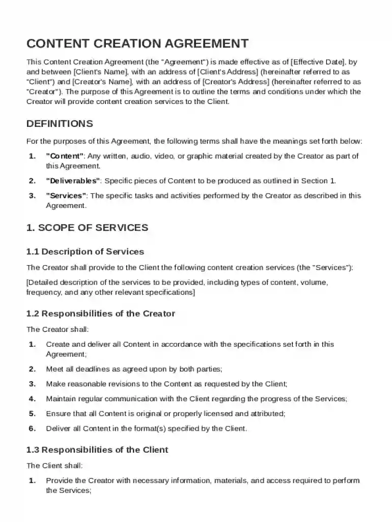 Content Creation Agreement Template Preview on Page 1