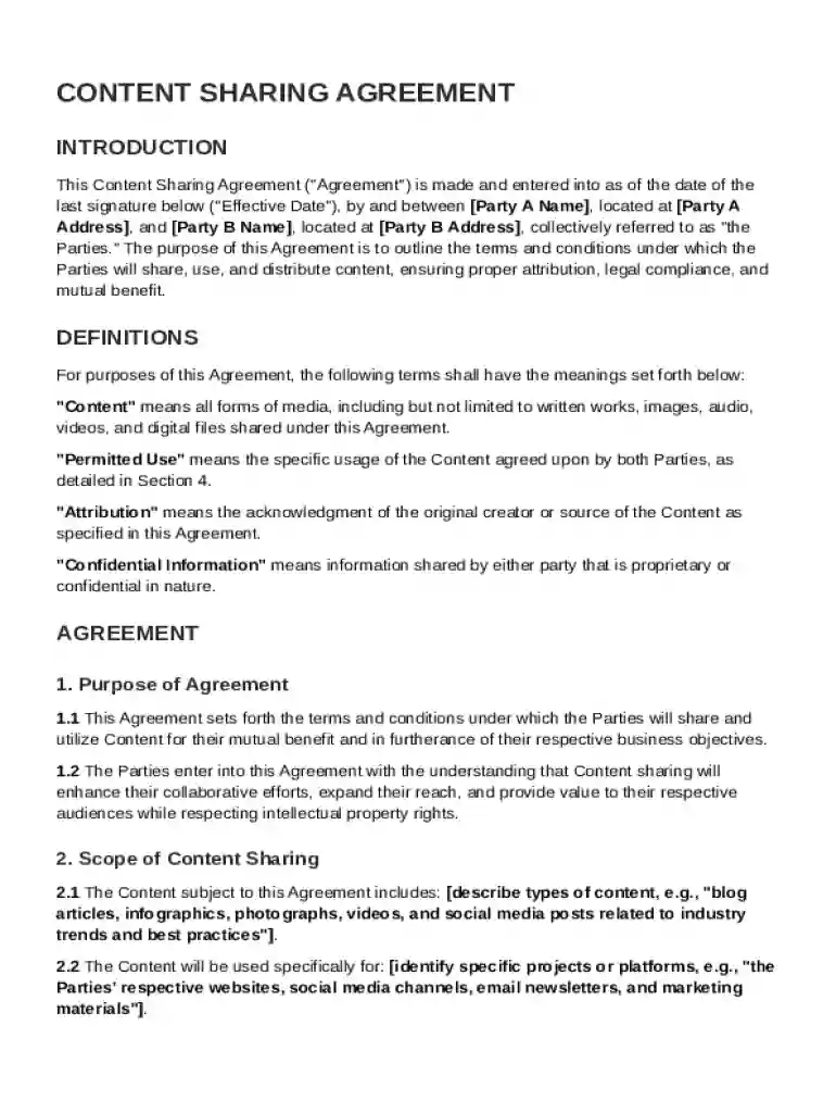 Content Sharing Agreement Template Preview on Page 1