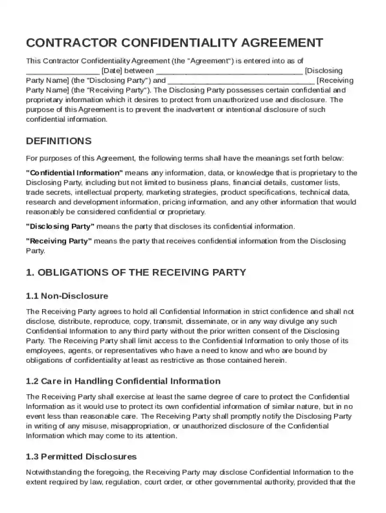 Contractor Confidentiality Agreement Template Preview on Page 1