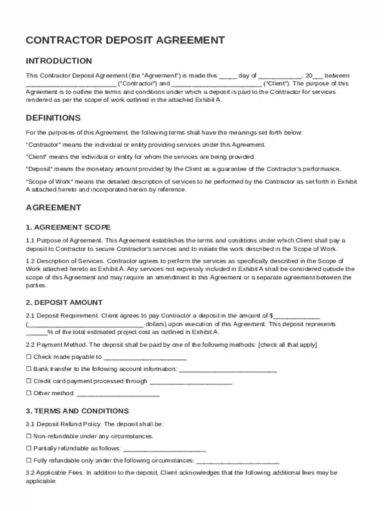 Contractor Deposit Agreement Template Preview on Page 1
