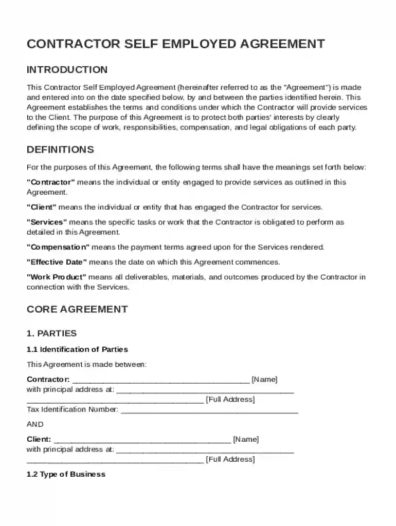 Contractor Self Employed Agreement Template Preview on Page 1