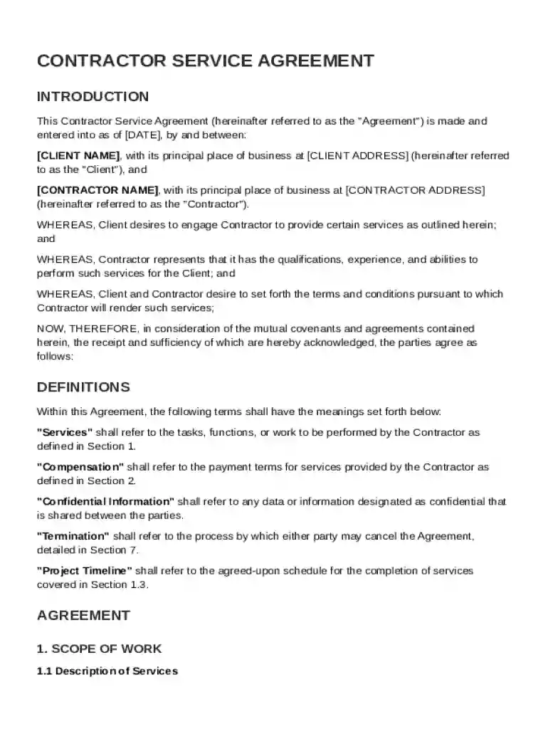 Contractor Service Agreement Template Preview on Page 1