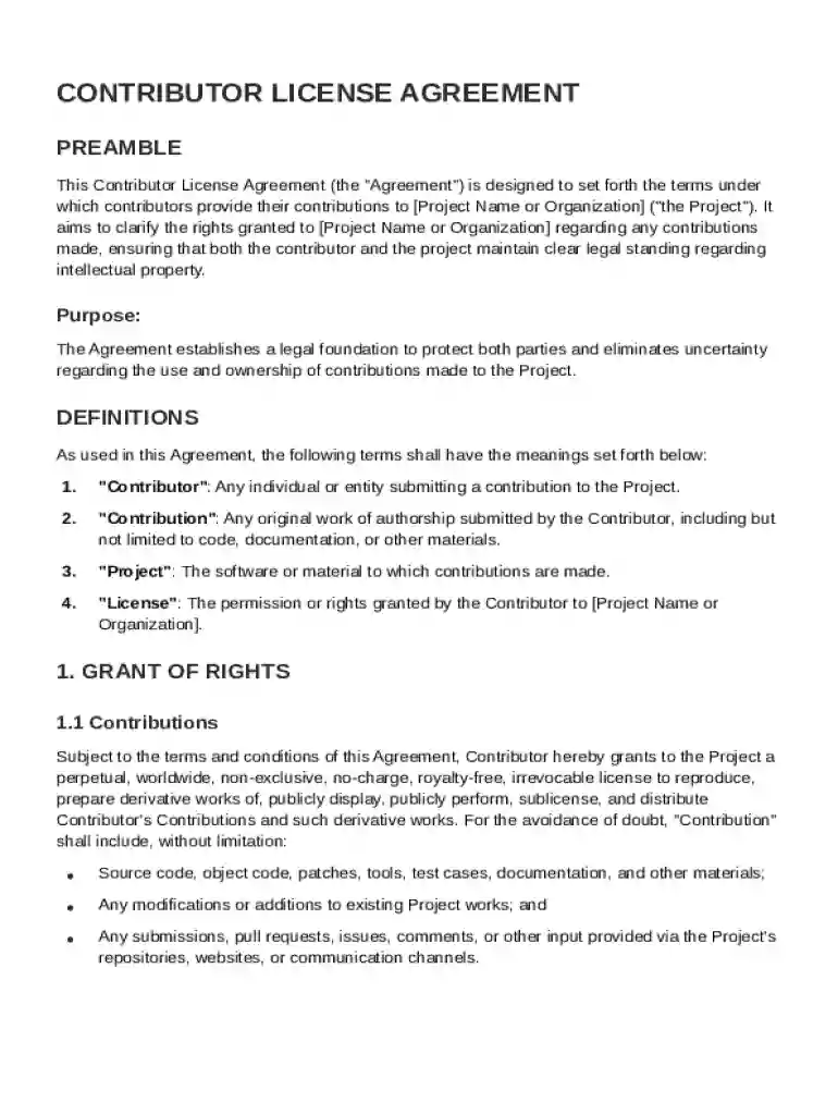 Contributor License Agreement Template Preview on Page 1