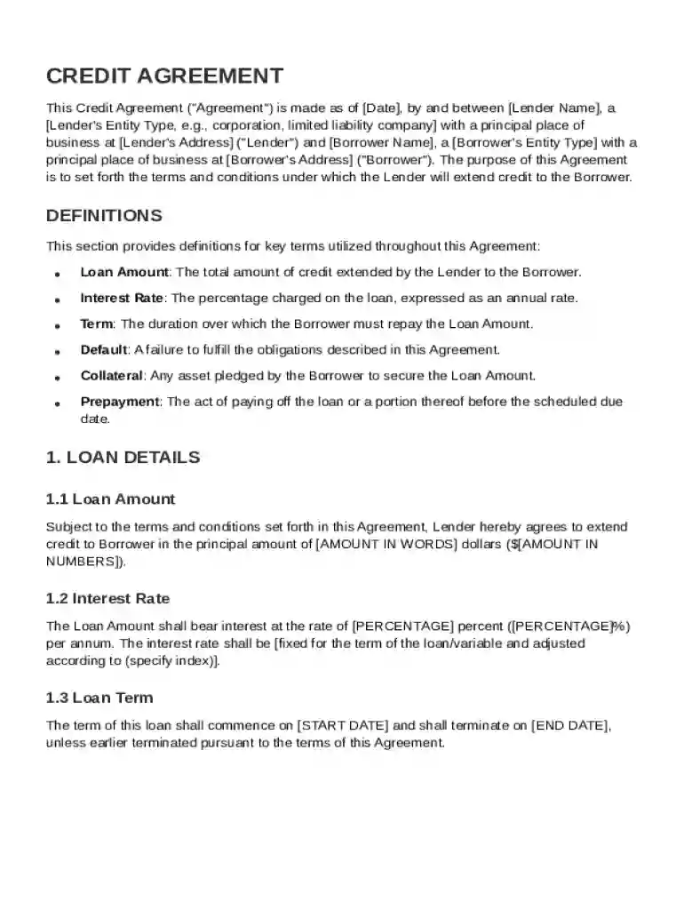 Credit Agreement Template Preview on Page 1