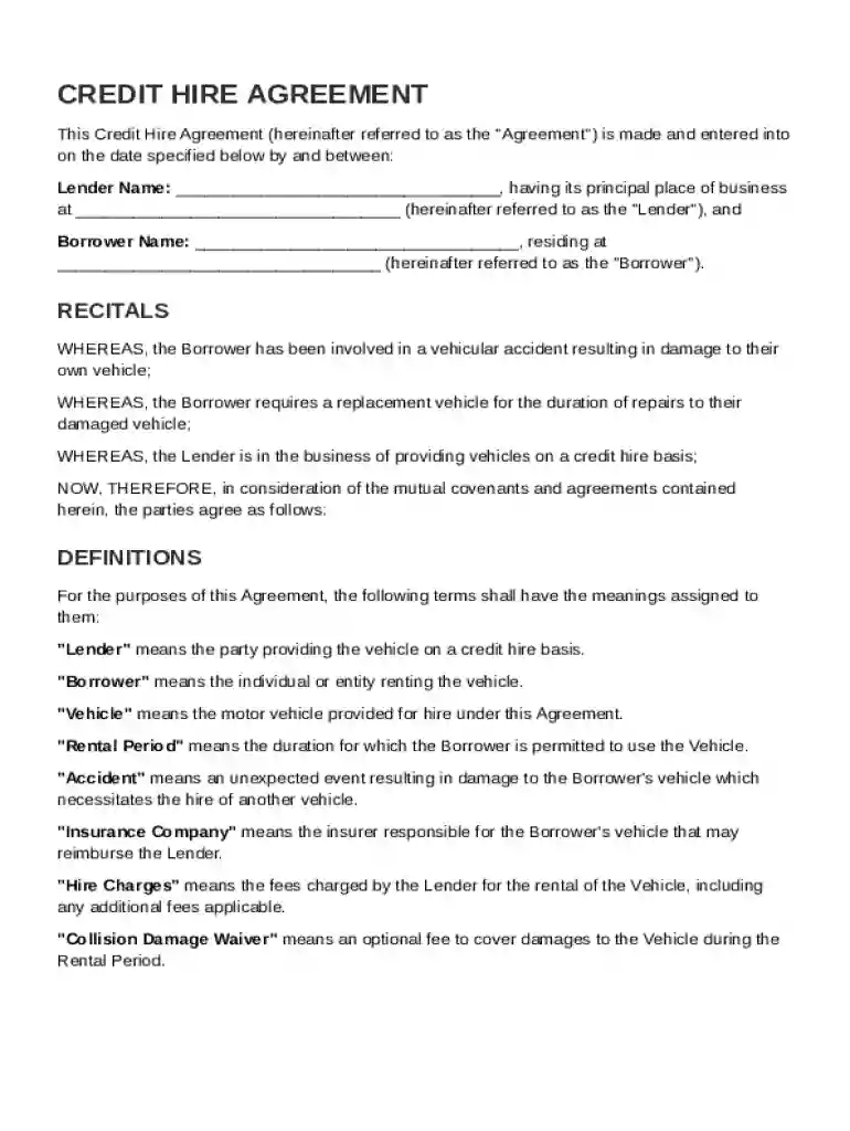Credit Hire Agreement Template Preview on Page 1
