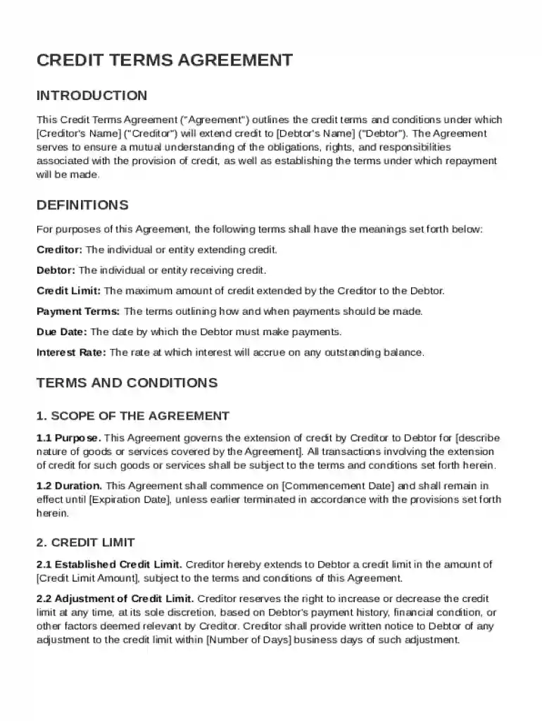 Credit Terms Agreement Template Preview on Page 1