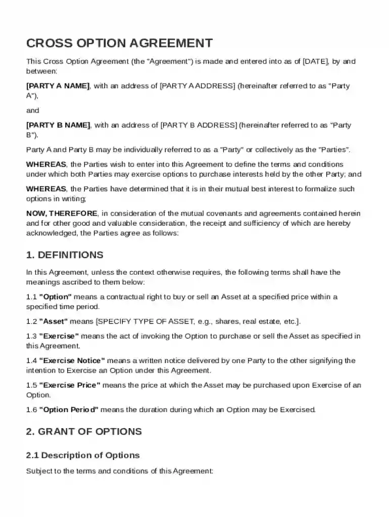Cross Option Agreement Template Preview on Page 1