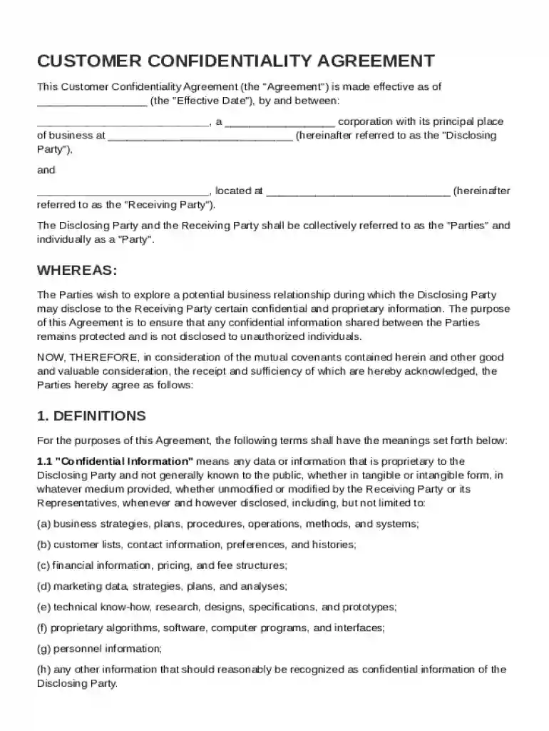 Customer Confidentiality Agreement Template Preview on Page 1