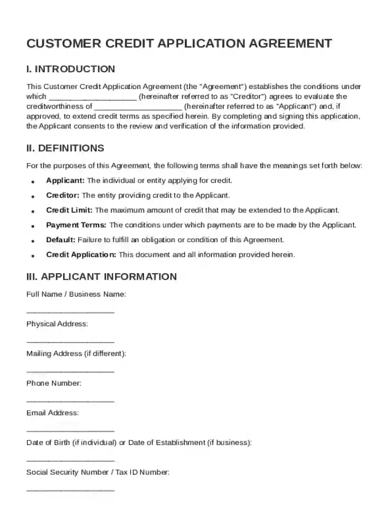 Customer Credit Application Agreement Template Preview on Page 1