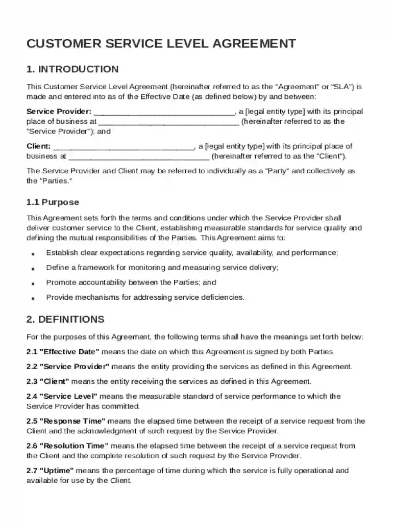 Customer Service Level Agreement Template Preview on Page 1