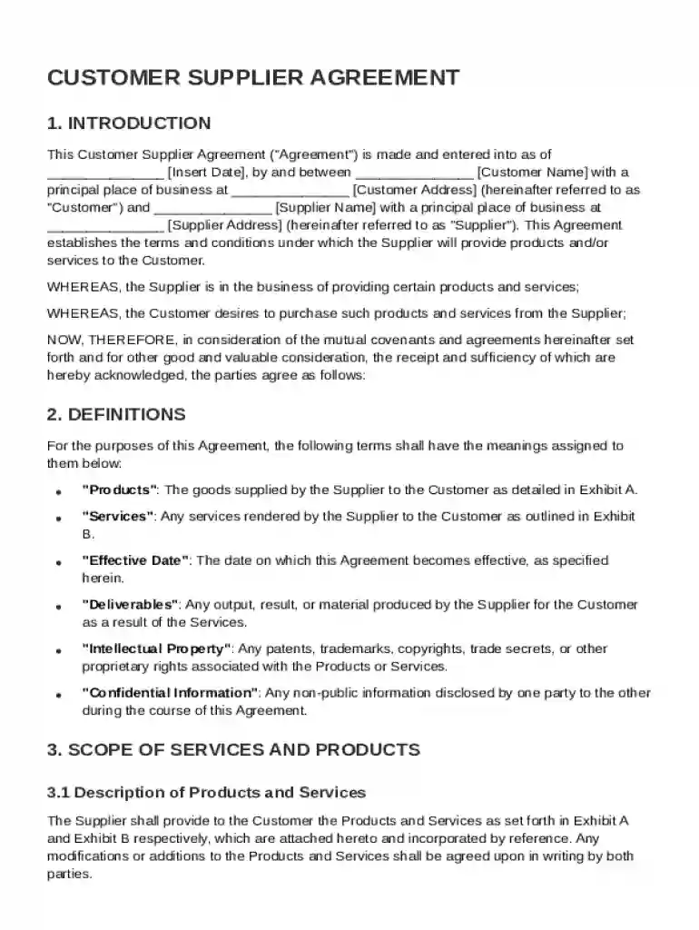 Customer Supplier Agreement Template Preview on Page 1
