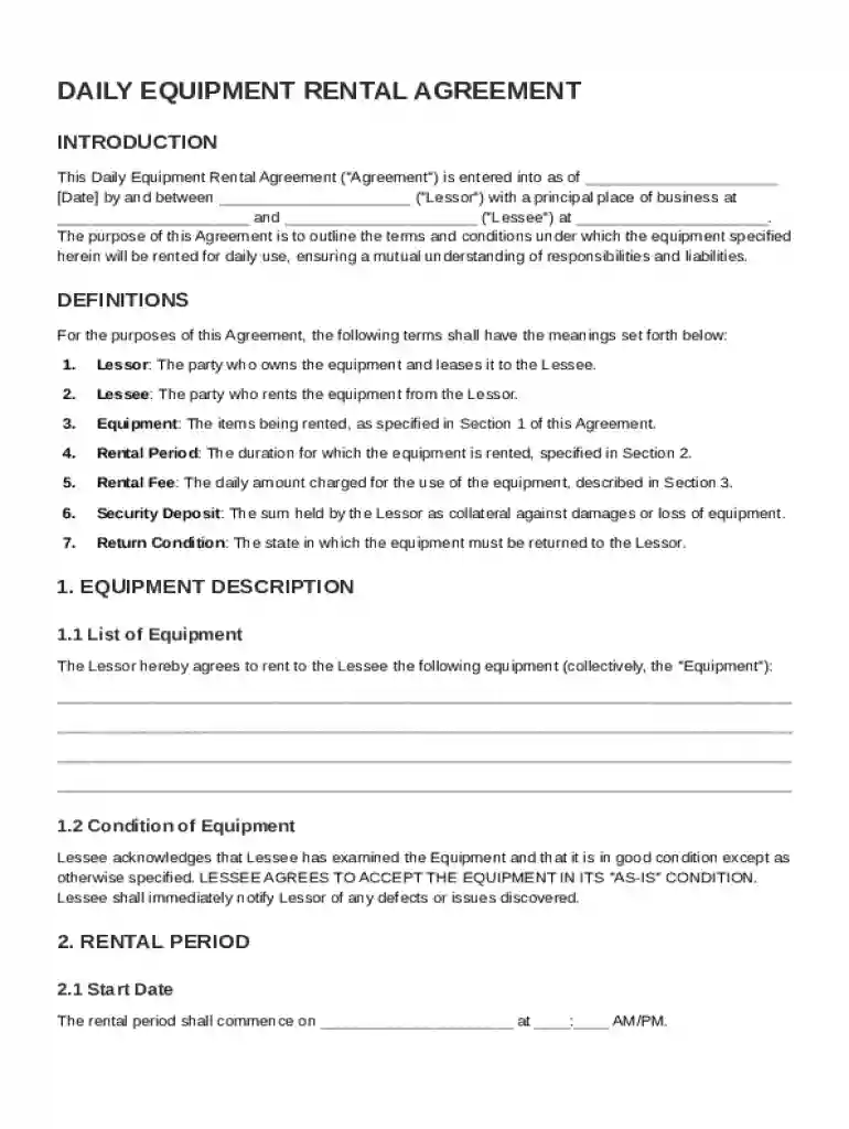 Daily Equipment Rental Agreement Template Preview on Page 1