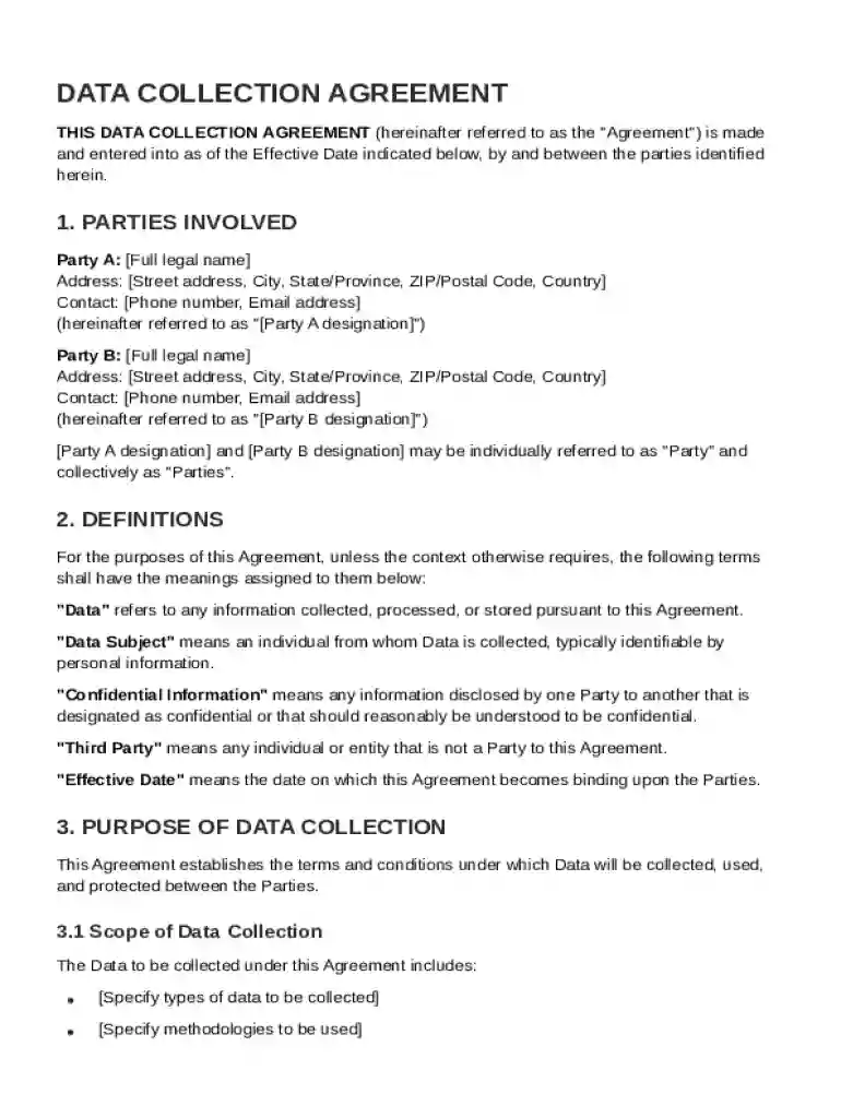 Data Collection Agreement Template Preview on Page 1