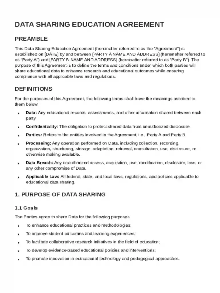 Data Sharing Education Agreement Template Preview on Page 1