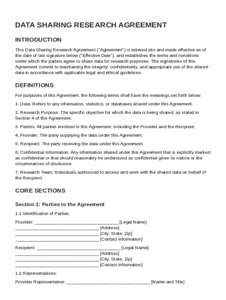 Data Sharing Research Agreement Template Preview on Page 1