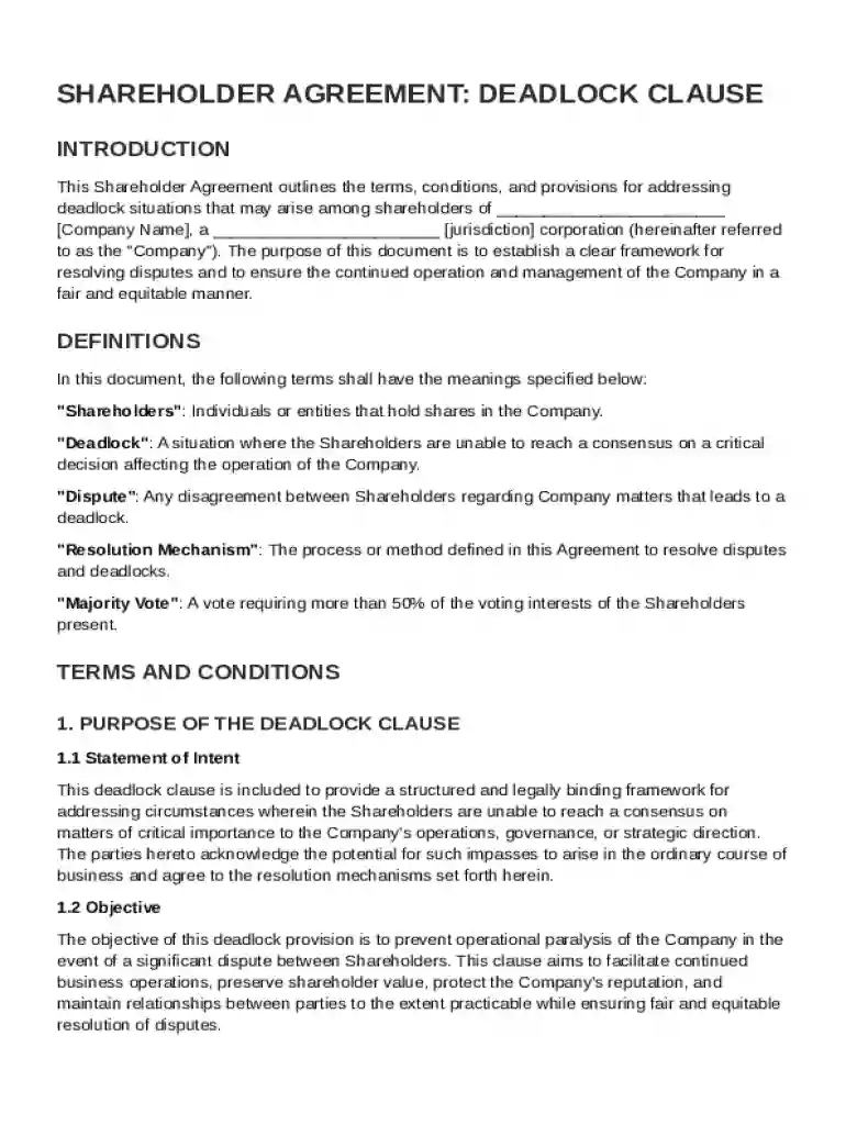 Deadlock Clause Shareholder Agreement Template Preview on Page 1