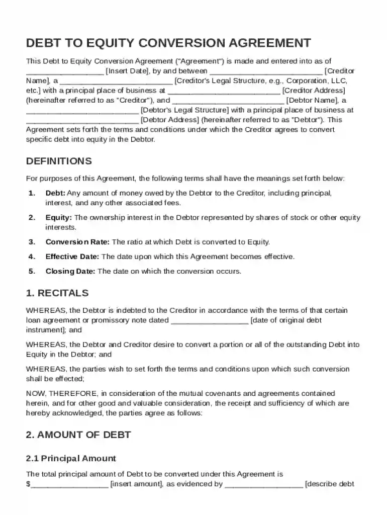 Debt to Equity Conversion Agreement Template Preview on Page 1