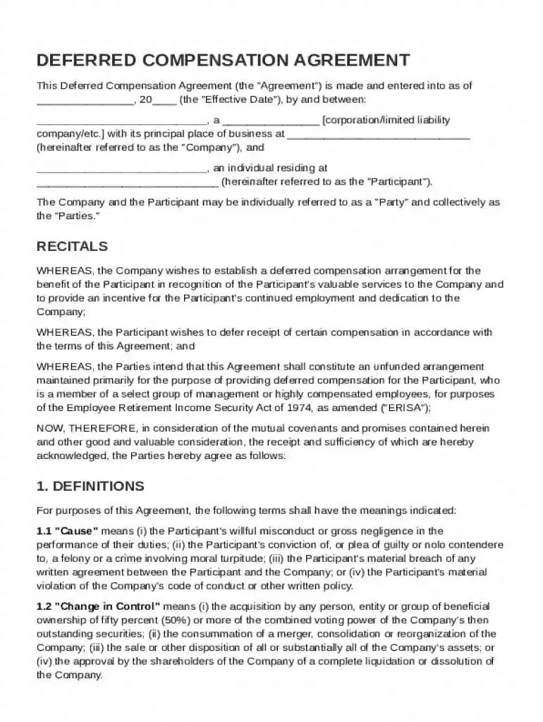 Deferred Compensation Agreement Template Preview on Page 1