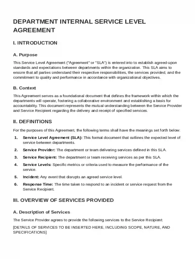 Department Internal Service Level Agreement Template Preview on Page 1