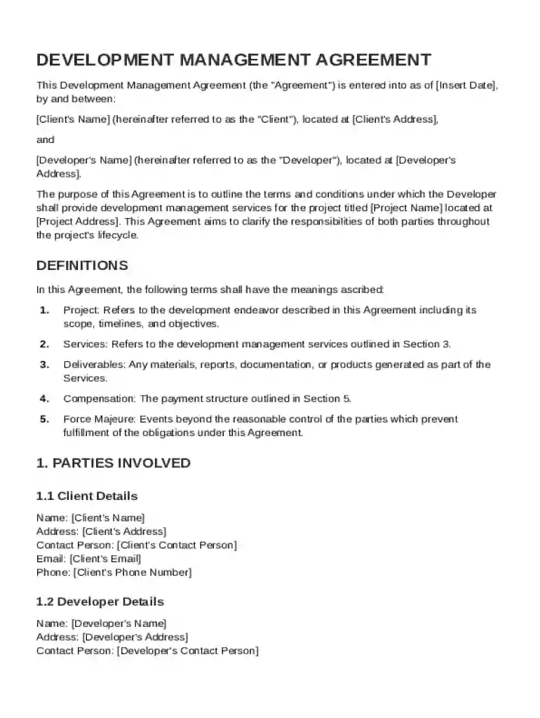 Development Management Agreement Template Preview on Page 1