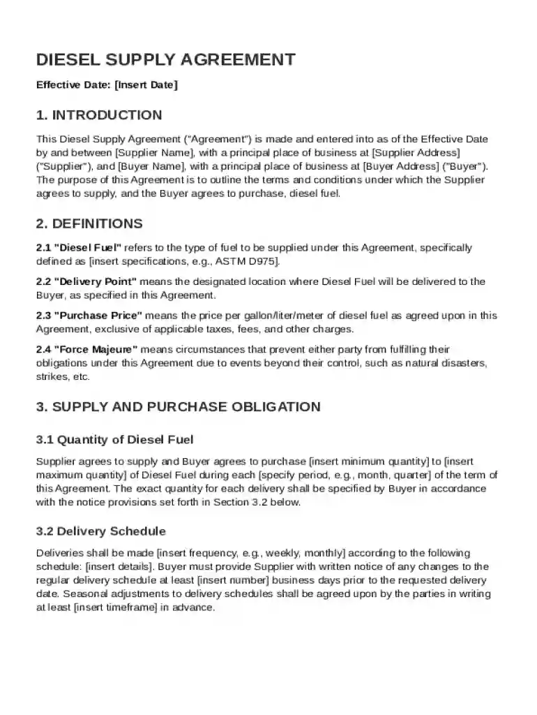 Diesel Supply Agreement Template Preview on Page 1