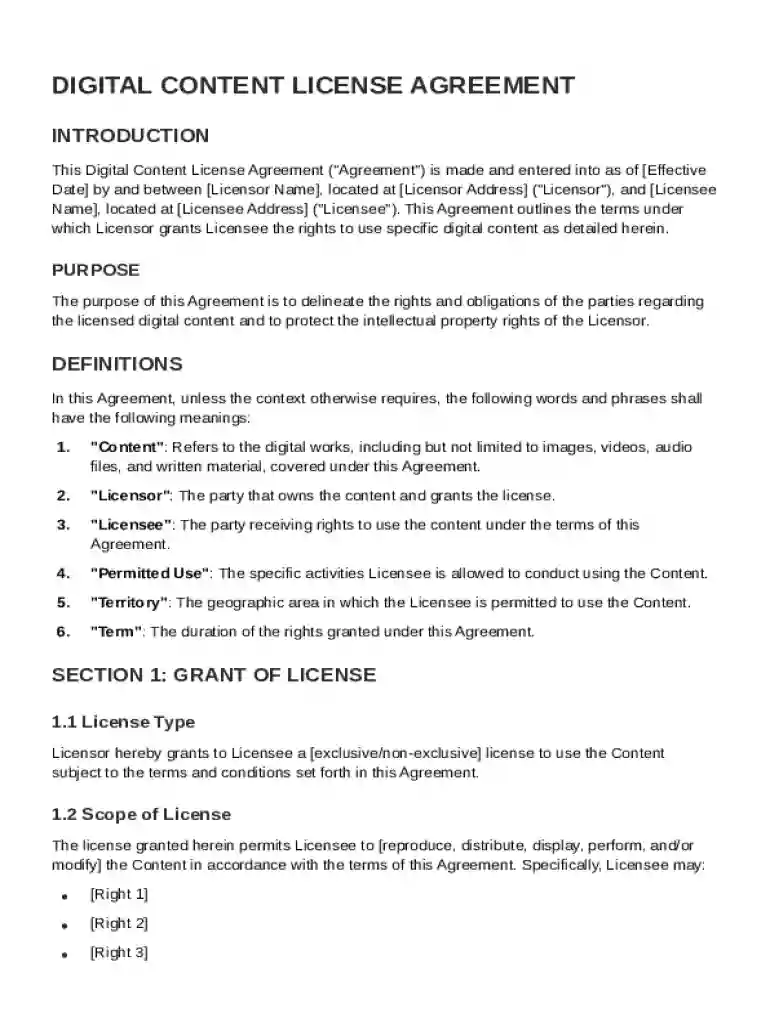 Digital Content License Agreement Template Preview on Page 1