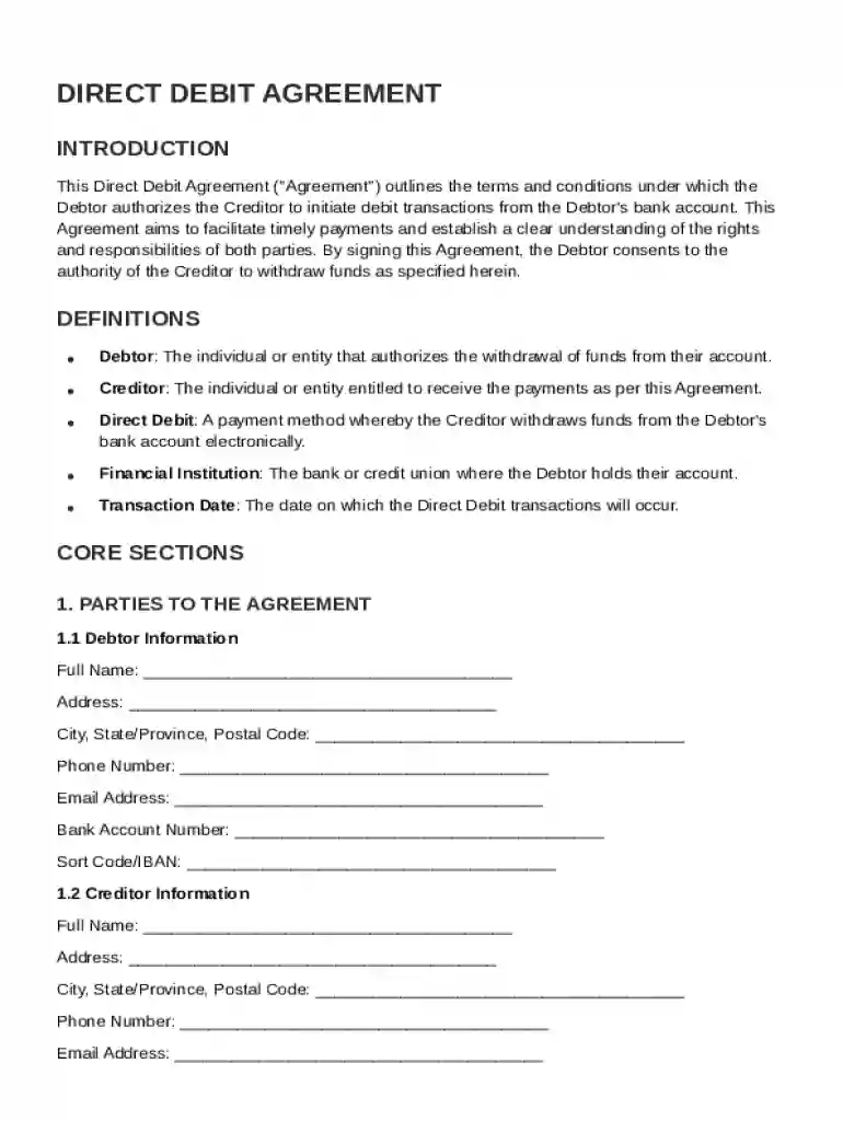 Direct Debit Agreement Template Preview on Page 1
