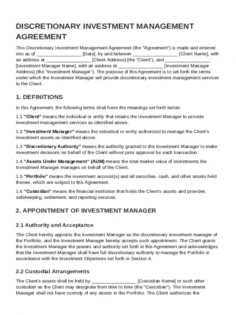 Discretionary Investment Management Agreement Template Preview on Page 1