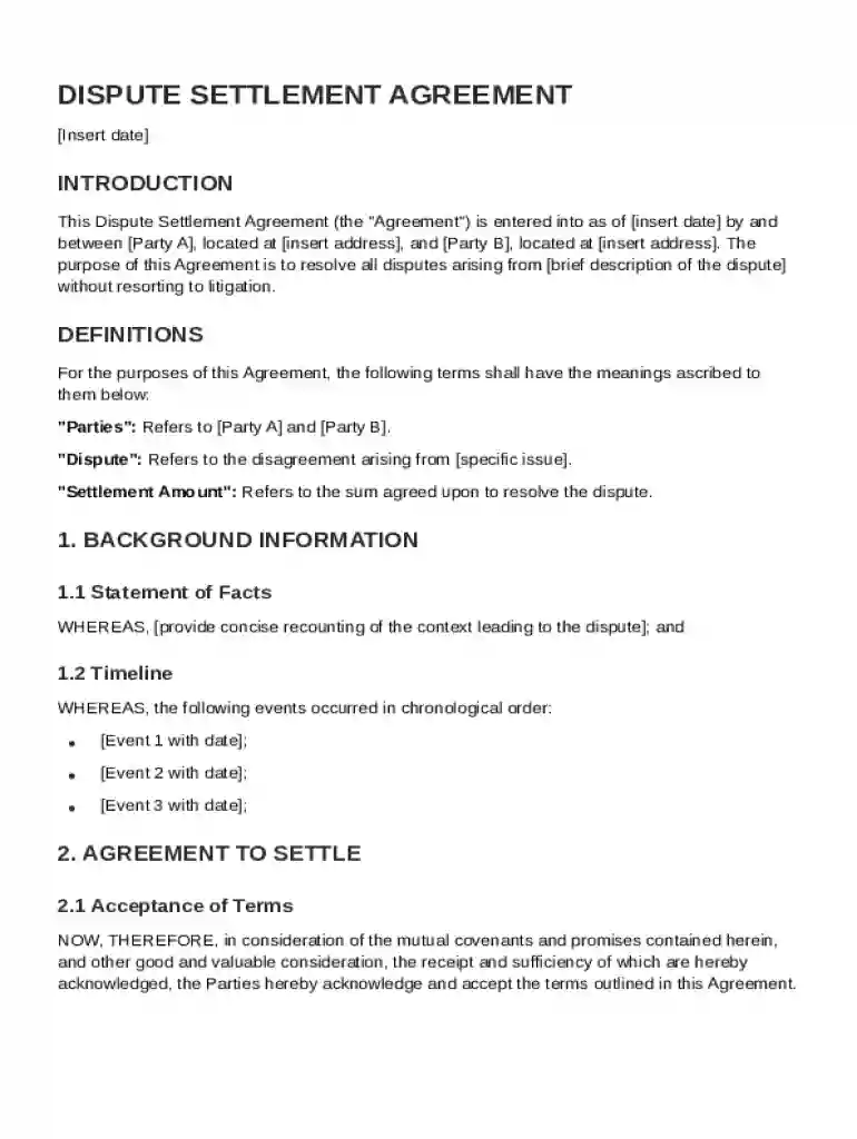 Dispute Settlement Agreement Template Preview on Page 1