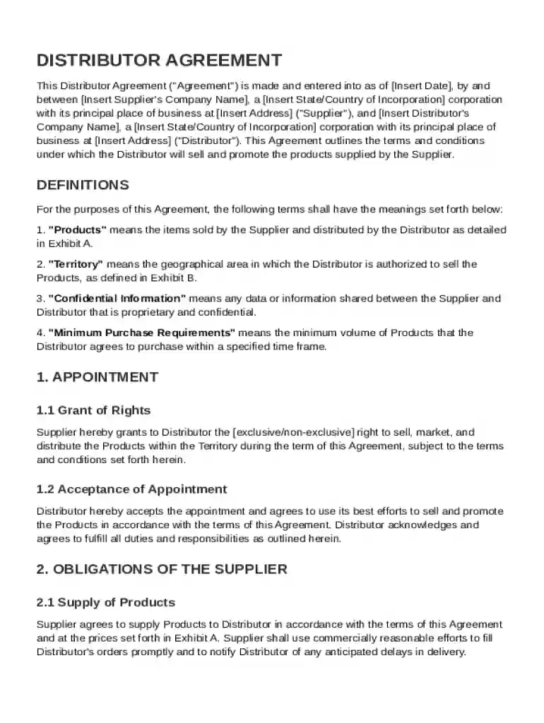Distributer Agreement Template Preview on Page 1
