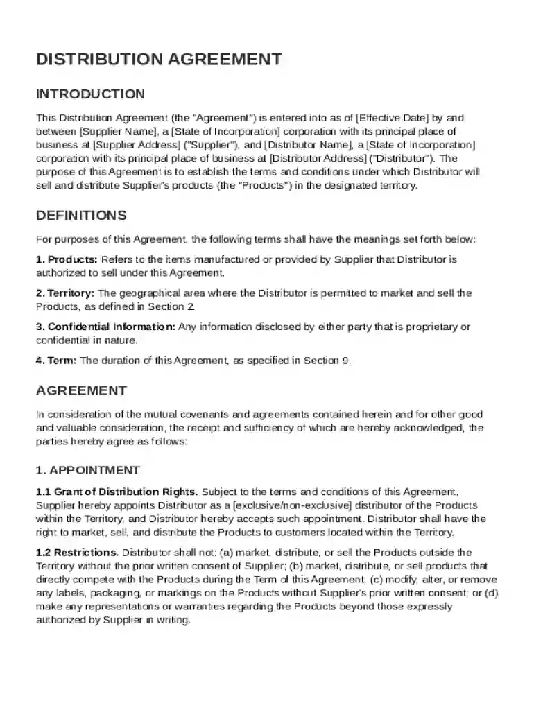 Distribution Agreement Template Preview on Page 1