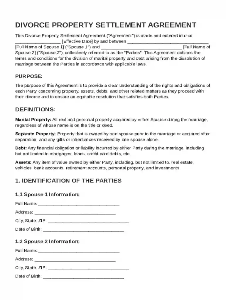 Divorce Property Settlement Agreement Template Preview on Page 1