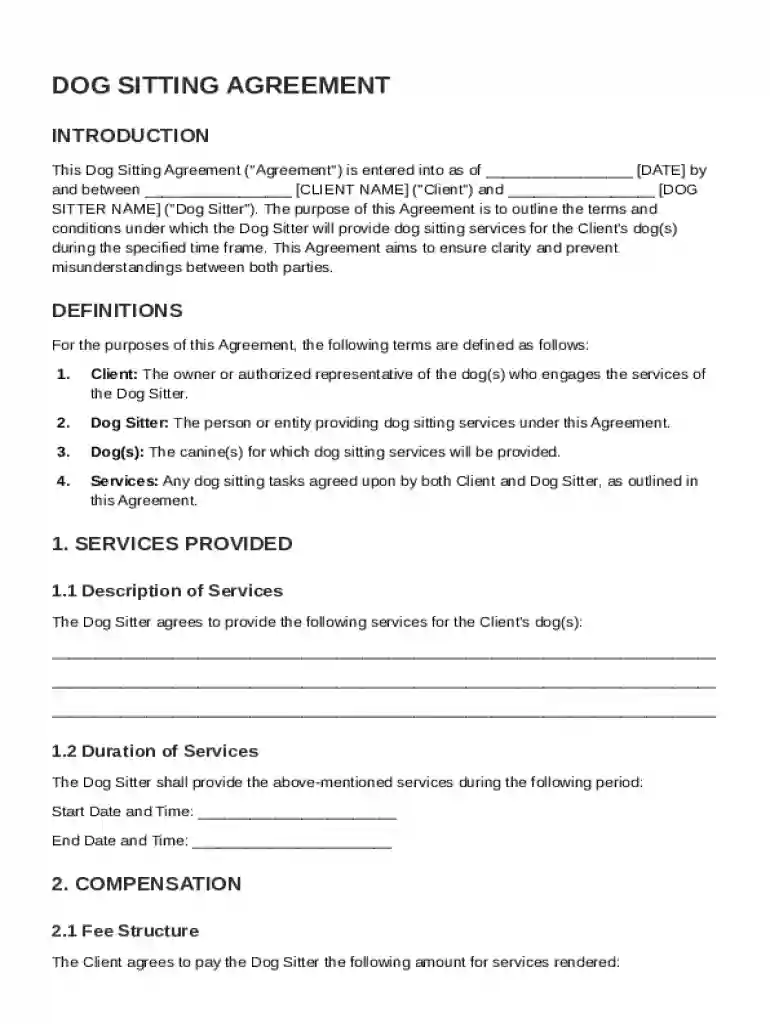Dog Sitting Agreement Template Preview on Page 1