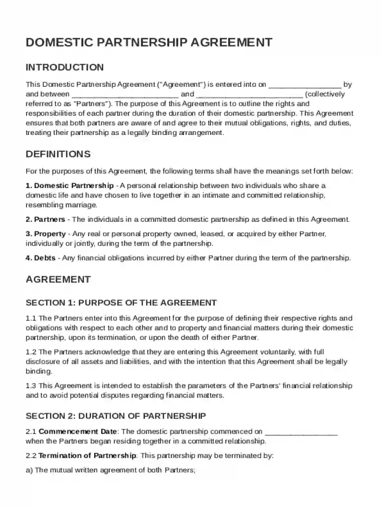 Domestic Partnership Agreement Template Preview on Page 1
