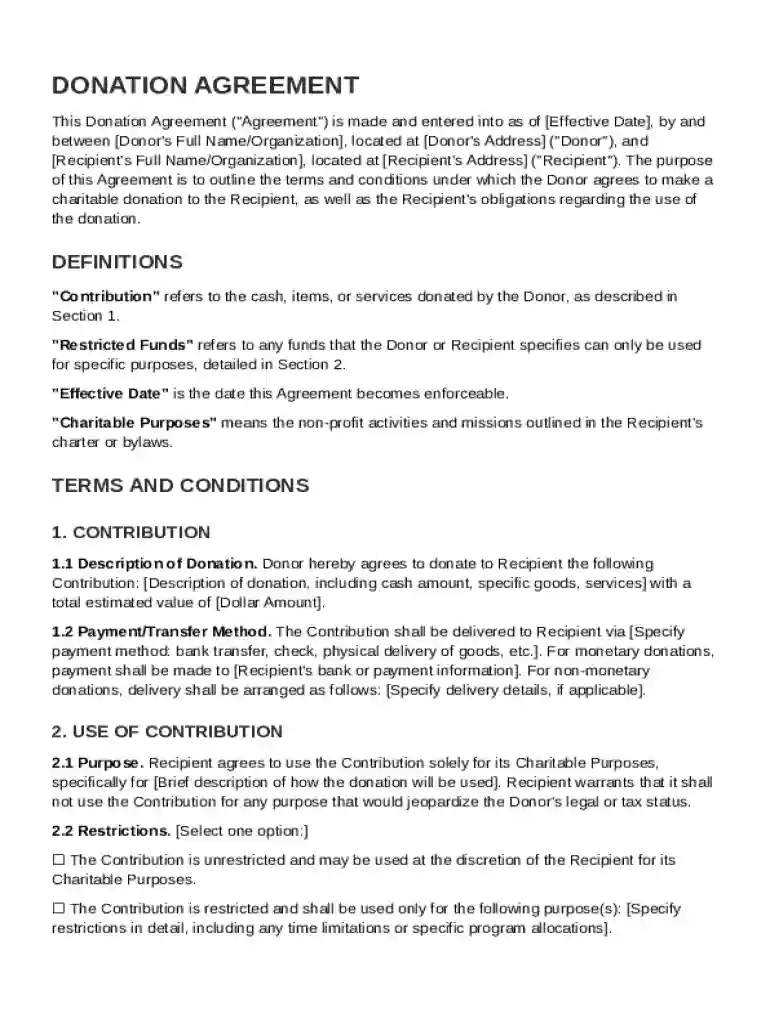 Donation Agreement Template Preview on Page 1