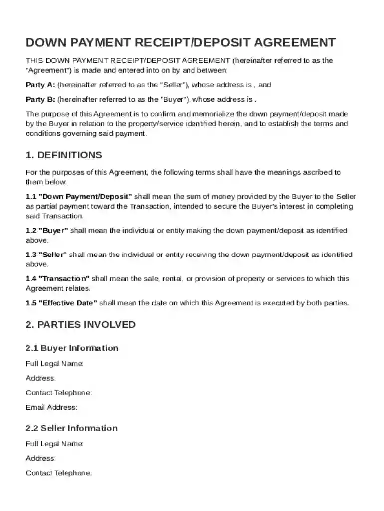 Down Payment Receiptdeposit Agreement Template Preview on Page 1