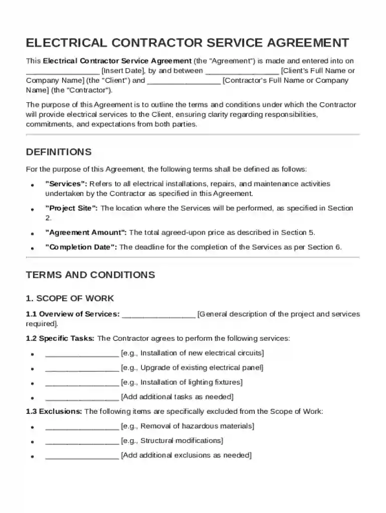 Electrical Contractor Service Agreement Template Preview on Page 1