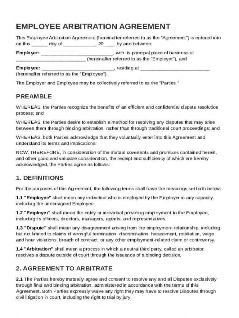 Employee Arbitration Agreement Template Preview on Page 1