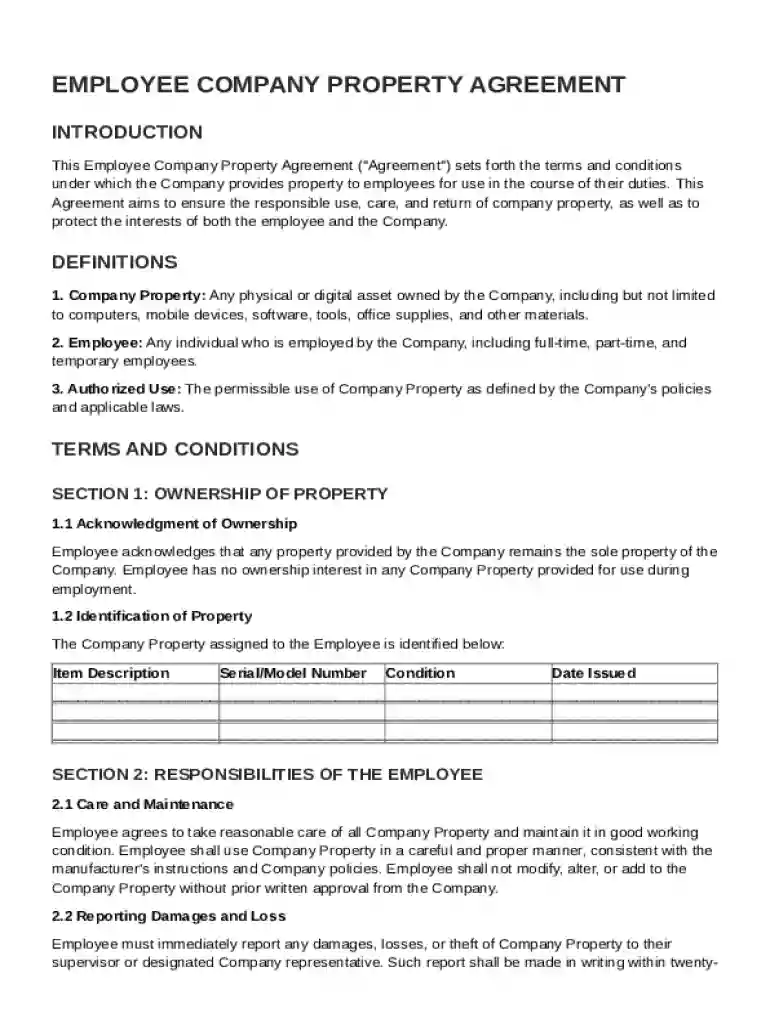 Employee Company Property Agreement Template Preview on Page 1