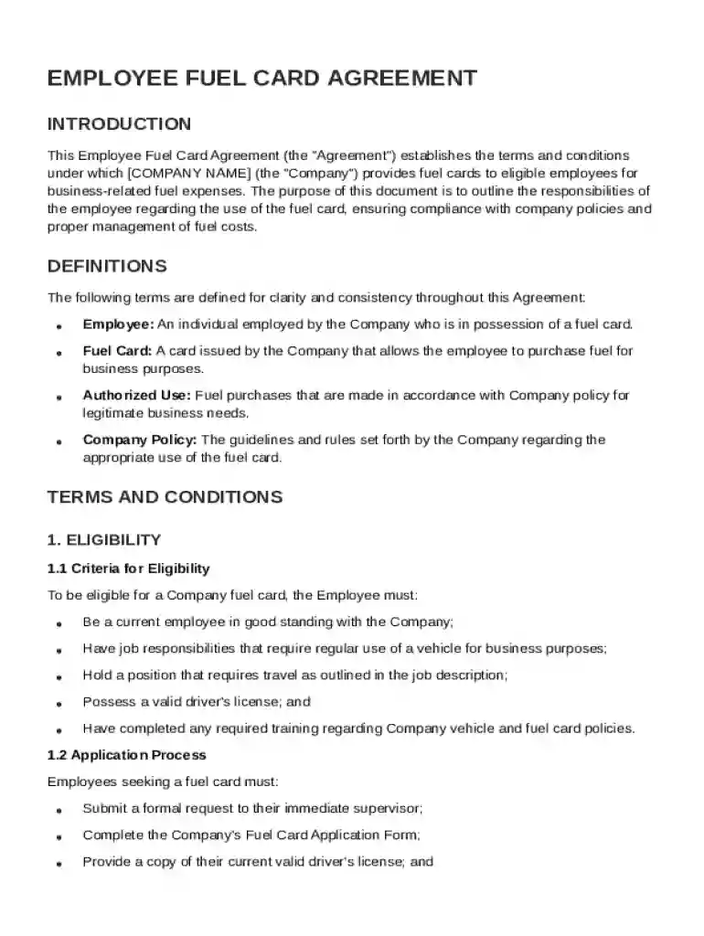 Employee Fuel Card Agreement Template Preview on Page 1