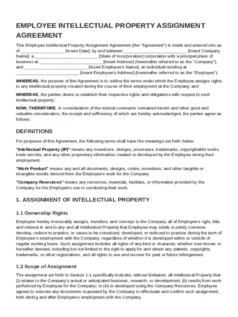 Employee Intellectual Property Assignment Agreement Template Preview on Page 1