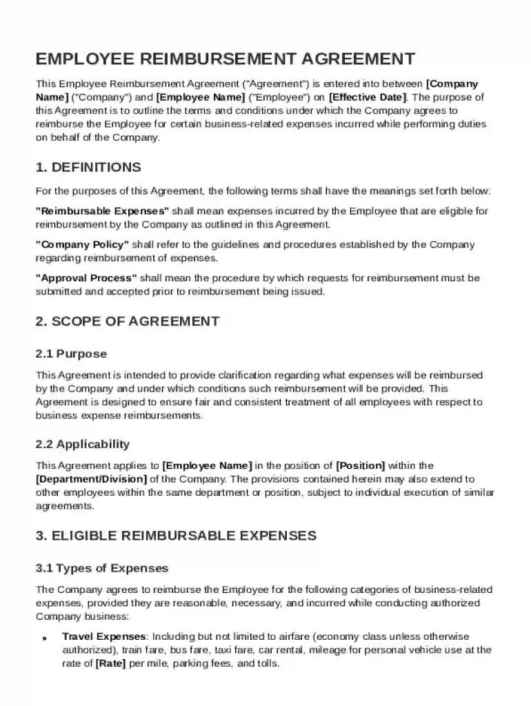 Employee Reimbursement Agreement Template Preview on Page 1