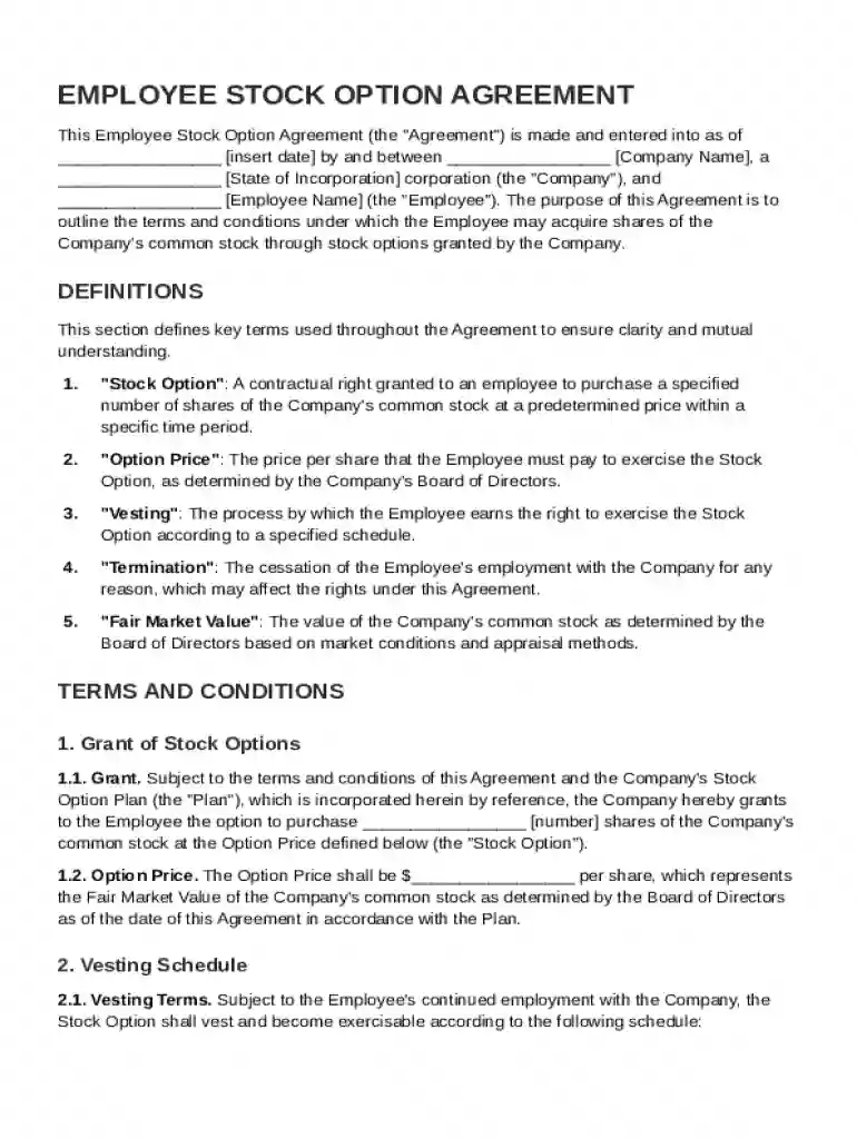 Employee Stock Option Agreement Template Preview on Page 1