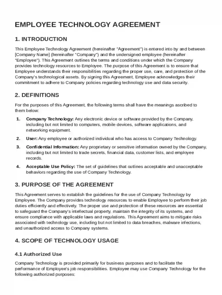 Employee Technology Agreement Template Preview on Page 1