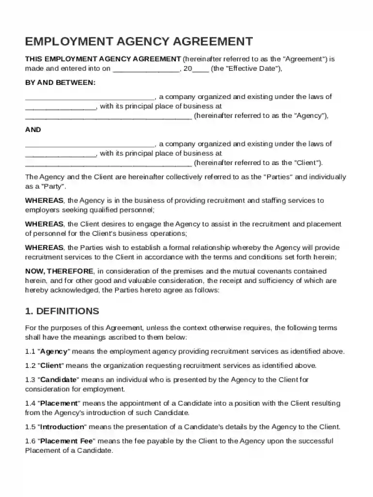 Employment Agency Agreement Template Preview on Page 1