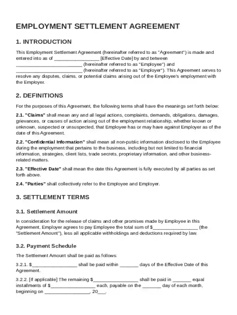 Employment Settlement Agreement Template Preview on Page 1